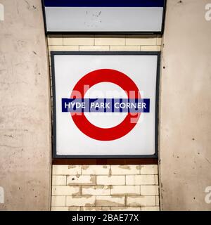 Hyde Park Corner tube station. London Underground roundel sign for the station on the Piccadilly Line serving the Mayfair and Park Lane areas. Stock Photo