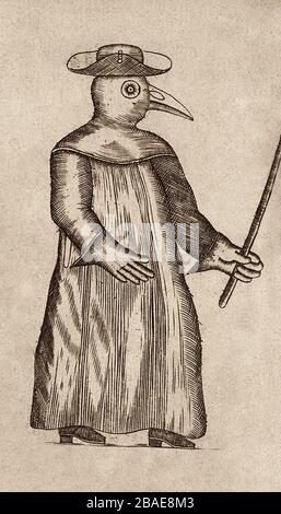 Medieval engraving of a plaque doctor. A plague doctor was a medical physician who treated victims of the bubonic plague. In times of epidemics, these Stock Photo