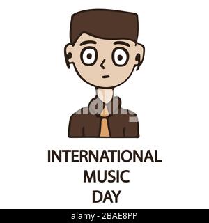 International Music Day isolated on white. man in earphones. Easy to edit vector template for typography poster, flyer, banner, etc. stock illustratio Stock Vector