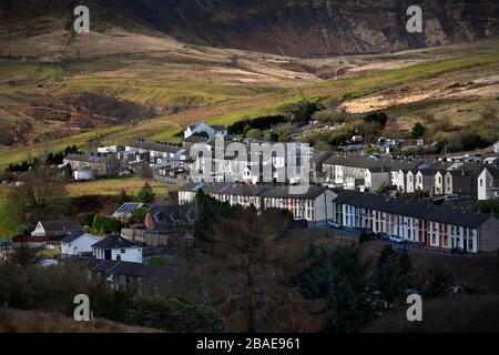 Rhondda Valley village of Cwmparc with terraces of miners cottages, Wales, UK Stock Photo