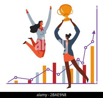 Women with award and charts, success at work Stock Vector