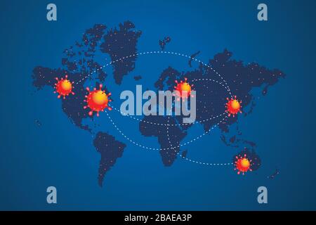 Covid-19 pandemic on the global map. The spread of the pandemic corona virus worldwide, concept, with virus and word map presentation Stock Vector