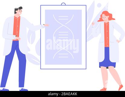 Doctors scientists next to a DNA spiral. Stock Vector