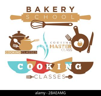 Cooking school and culinary class logotype with dish sign vector Stock Vector