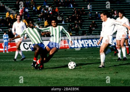 (L-R) Marius Tresor and Gerard Janvion of France tangle as Hungary's Jozsef Toth approaches them. Due to a kit clash France are playing in a green and white striped jersey which they borrowed from the local side Kimberley FC. Stock Photo