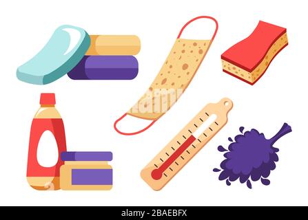 Collection of items for sauna, bathhouse objects set Stock Vector