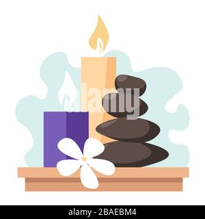 Sauna or spa objects, aromatic candle and hot stones Stock Vector