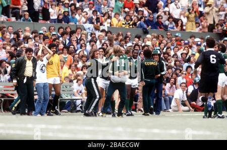 New York Cosmos' Steve Hunt (11) celebrates his goal with manager Eddie Firmani (hugging) Stock Photo