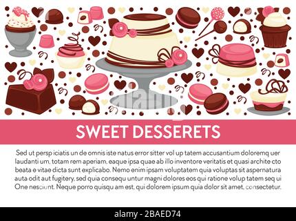 Sweet desserts cake and candies with chocolate set Stock Vector
