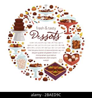 Fresh and tasty desserts banner with confectionery set Stock Vector