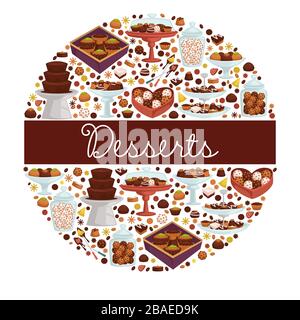 Desserts sweet dishes and bakery, chocolate and cookies Stock Vector