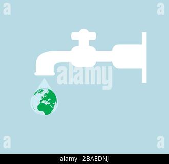 World Water Day vector illustration, silhouette of a faucet with a drop of water and the globe Stock Vector