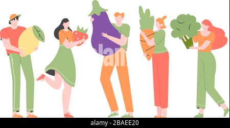 Group of people holds giant vegetables and fruits. Stock Vector