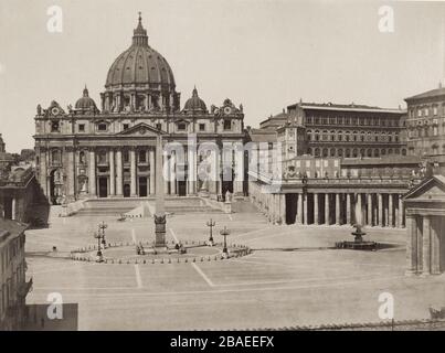 19th century image of the Papal Basilica of Saint Peter in the Vatican, or simply Saint Peter's Basilica, is a church built in the Renaissance style l Stock Photo