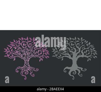 Vector silhouette tree of life with neon gradient. Life tree design collection on gray background Stock Vector