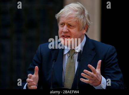London, UK. 13th Dec, 2019. File photo taken on Dec. 13, 2019 shows British Prime Minister Boris Johnson speaking outside 10 Downing Street in London, Britain. British Prime Minister's Office said on Friday that Prime Minister Boris Johnson had tested positive for coronavirus. Credit: Han Yan/Xinhua/Alamy Live News