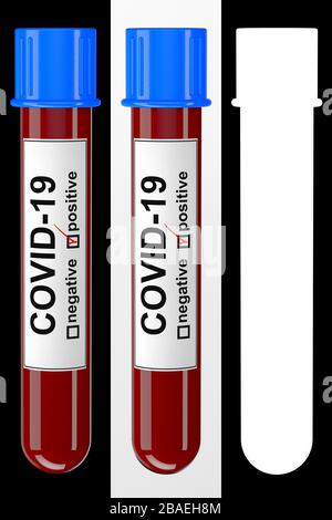 3D illustration of a blood test tube with positive COVID-19 test over black and white background with alpha map for easy isolation. Stock Photo