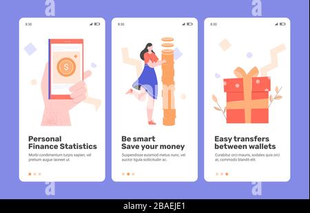 Onboarding financial application, online wallet, banking. Stock Vector