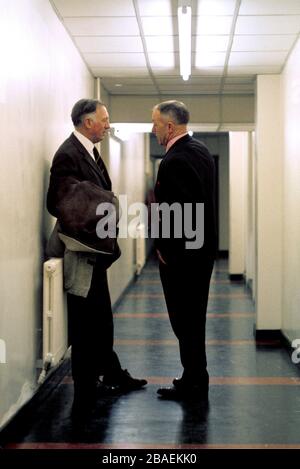 Liverpool manager Bill Shankly (right) chats Manchester City manager Joe Mercer (left) in the tunnel Stock Photo