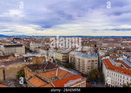 BUDAPEST, HUNGARY - March 20, 2020: scenic modern view on historical buildings in Budapest city from the top of St. Stephen's Basilica. Bird eye view Stock Photo