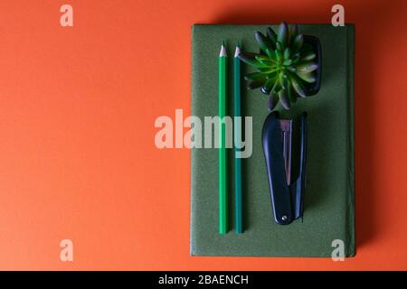 Green notebook stands on an orange background, on a notebook there are two green pencils, a green plant and a stapler Stock Photo