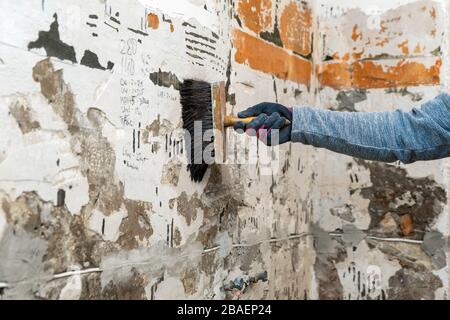 hand with brush applying primer on the wall for better plaster adhesion Stock Photo