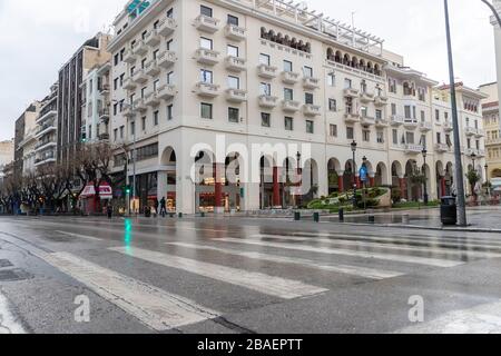 Thessaloniki, Greece - March 23, 2020: A view of empty streets in Thessaloniki after Greece imposed a lockdown to slow down the spread of the coronavi Stock Photo
