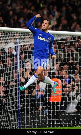 Chelsea's Eden Hazard celebrates after scoring his team's third goal Stock Photo