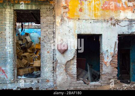 A view from the common courtyard of the houses where Jewish citizens used to live. Basmane, Izmir / Turkey. Stock Photo