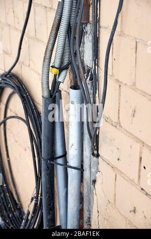 old electrical panel with protruding wires Stock Photo