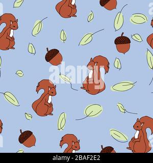 Squirrels among leaves and acorns on blue background , seamless vector repeat pattern, surface design Stock Vector
