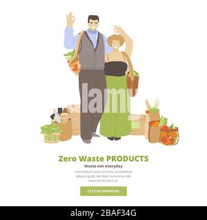 Group of happy joyful people holding zero waste products in hands - bags, kitchen and beauty produts, and showing OK sign. Zero Waste Lifestyle Stock Vector