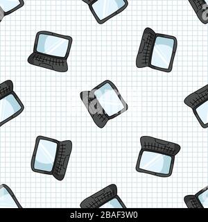 Hand drawn cartoon scattered laptop for working at home seamless vector pattern. Office internet job for communication computer convenience. Stylized Stock Vector