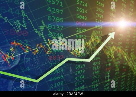 Bullish - green stock exchange market times buying hours volume chart with arrow up day trade. Stock Photo