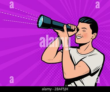 Man looks through telescope. Retro comic pop art vector illustration Stock Vector