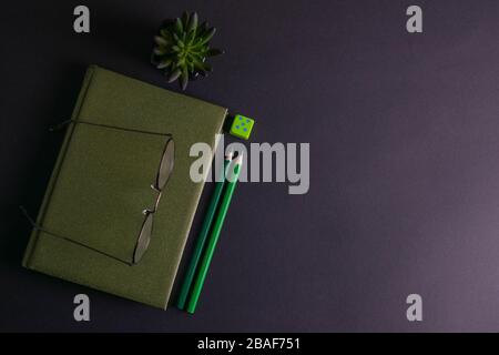 A green notebook with glasses on it has a green plant and green pencils next to the notebook Stock Photo