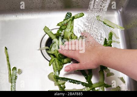 Food waste disposer machine in sink in modern kitchen Stock Photo