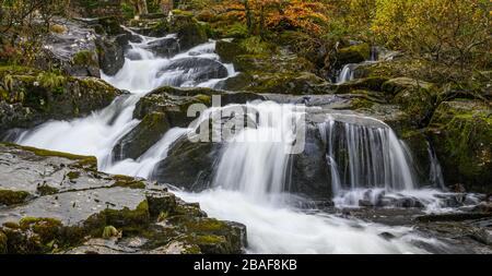 Panorama of waterfall on River Ogwen, North Wales showing white water Stock Photo