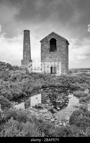 Old pumphouse at Parys Mountain (black and white image) Stock Photo