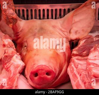 Pigs head on sale in Spanish food market Stock Photo