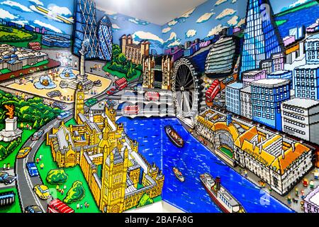 London-themed mural made of Logo inside the Official Lego Store in Leicester Square, London, UK Stock Photo