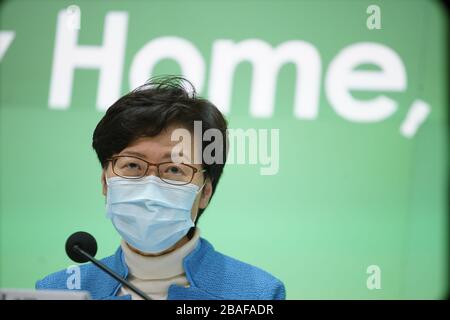 Hong Kong, China. 27th Mar, 2020. Chief Executive of the Hong Kong Special Administrative Region (HKSAR) Carrie Lam attends a press conference in Hong Kong, south China, March 27, 2020. TO GO WITH 'Roundup: Hong Kong steps up anti-epidemic efforts amid surge in imported COVID-19 cases' Credit: Lui Siu Wai/Xinhua/Alamy Live News Stock Photo