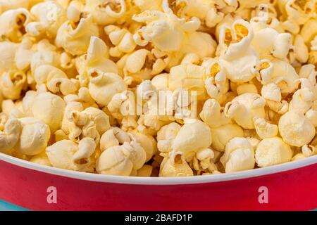 Horizontal extreme close-up of a bucket of popcorn. Stock Photo