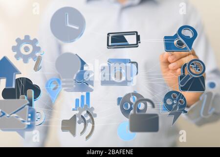 cloud connected to many objects on a virtual screen Stock Photo