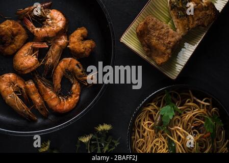 Shrimp Scampi is quick and easy Asian dish that can be served with noodles Stock Photo