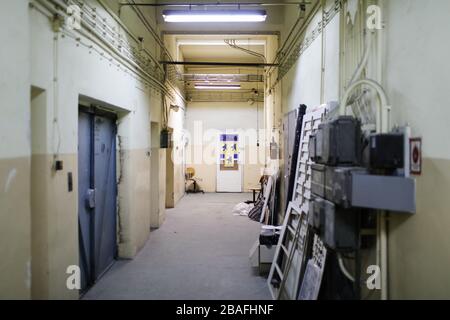 An Interior view of an old factory in which Urbicum workshop is located. Currently the building is used as a share space for startups and avant-garde contemporary art gallery.Polish engineers from Krakow-based Company Urbicum created VentilAid - a working prototype of a ventilator which can be printed on a 3D printer. Currently, several dozen teams around the world are working on modifying the design and introducing the device to effective production. It is intended as a last resort in case of lack of professional equipment. It’s simple design and widely available materials make it easy to man Stock Photo