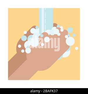 Washing hands. Hands washing with soap in proper technique and flowing water. Hand drawn vector in simple flat style. Rubbing palms. Prevent coronavir Stock Vector