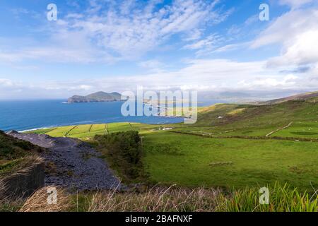 Beautiful view of Valentia Island Lighthouse at Cromwell Point. Locations worth visiting on the Wild Atlantic Way. Scenic Irish countyside on sunny Stock Photo