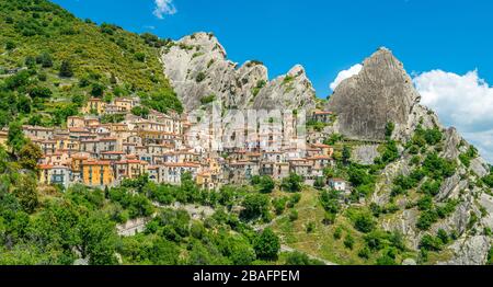 Panoramic view of Castelmezzano, province of Potenza, in the southern Italian region of Basilicata. Stock Photo