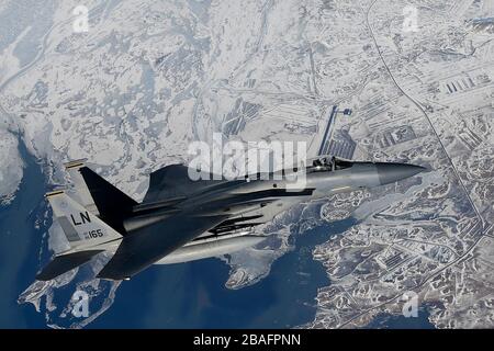A U.S. Air Force F-15C Eagle fighter assigned to the 48th Fighter Wing, during aerial operations in support of Bomber Task Force Europe 20-2 March 17, 2020 over Keflavik, Iceland. Stock Photo